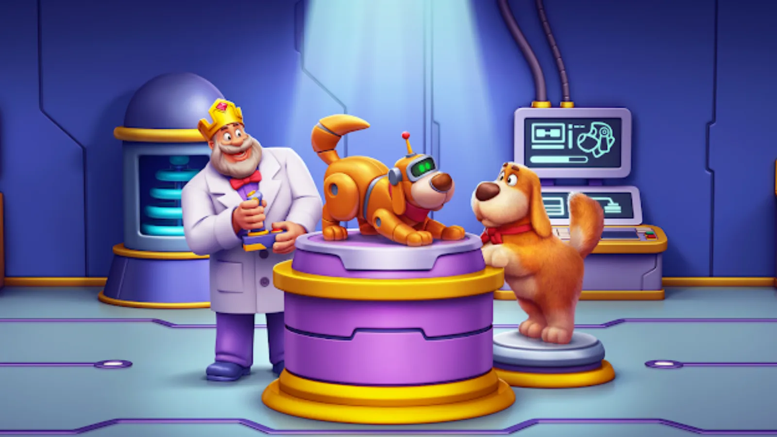 Les jeux mobiles les plus téléchargés sur Android et iOS 7 Le Roi Robert de Royal Match en blouse de scientifique à côté d'un chien robot et d'un animal de compagnie dans un laboratoire technologique.