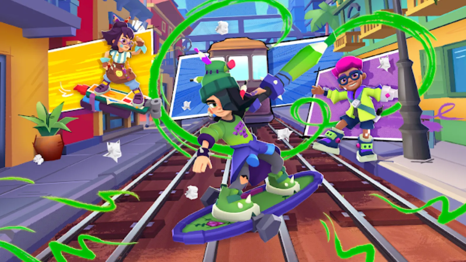 Les jeux mobiles les plus téléchargés sur Android et iOS 5 Trois personnages de Subway Surfers glissant sur des planches de skate sur les rails d'un train dans une ville colorée.