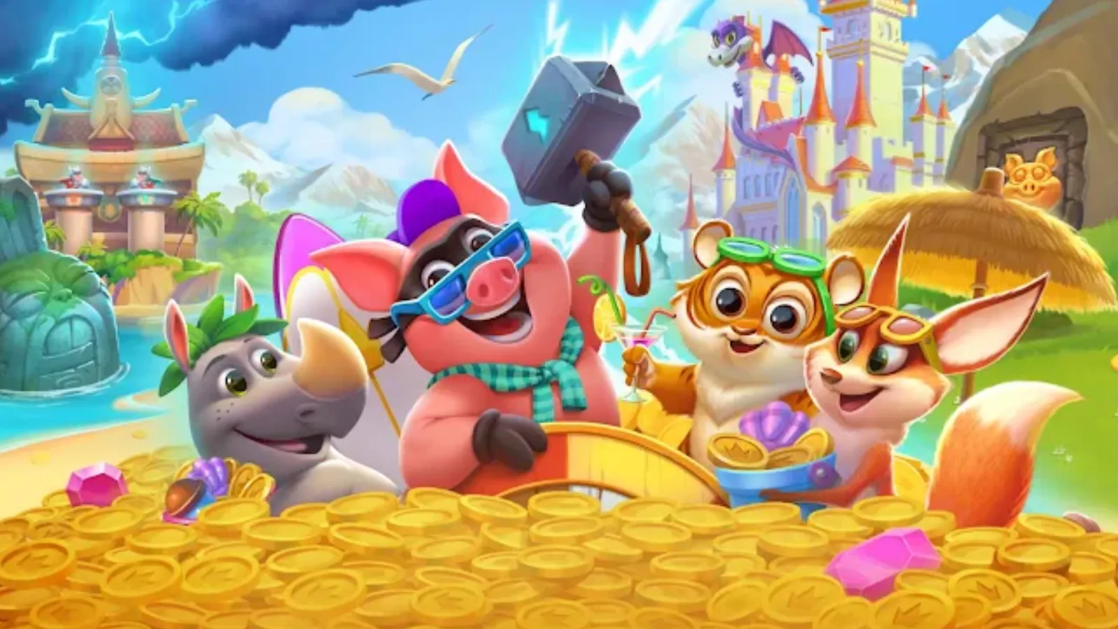 Les jeux mobiles les plus téléchargés sur Android et iOS 9 Personnages de Coin Master comme un cochon avec un marteau, un renard et un tigre entourés de pièces d'or.
