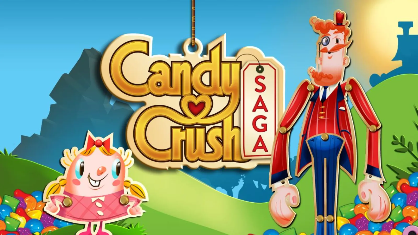 Les jeux mobiles les plus téléchargés sur Android et iOS 13 Logo de Candy Crush Saga avec les personnages Tiffi et Mr. Toffee sur un fond de paysages colorés et de bonbons.