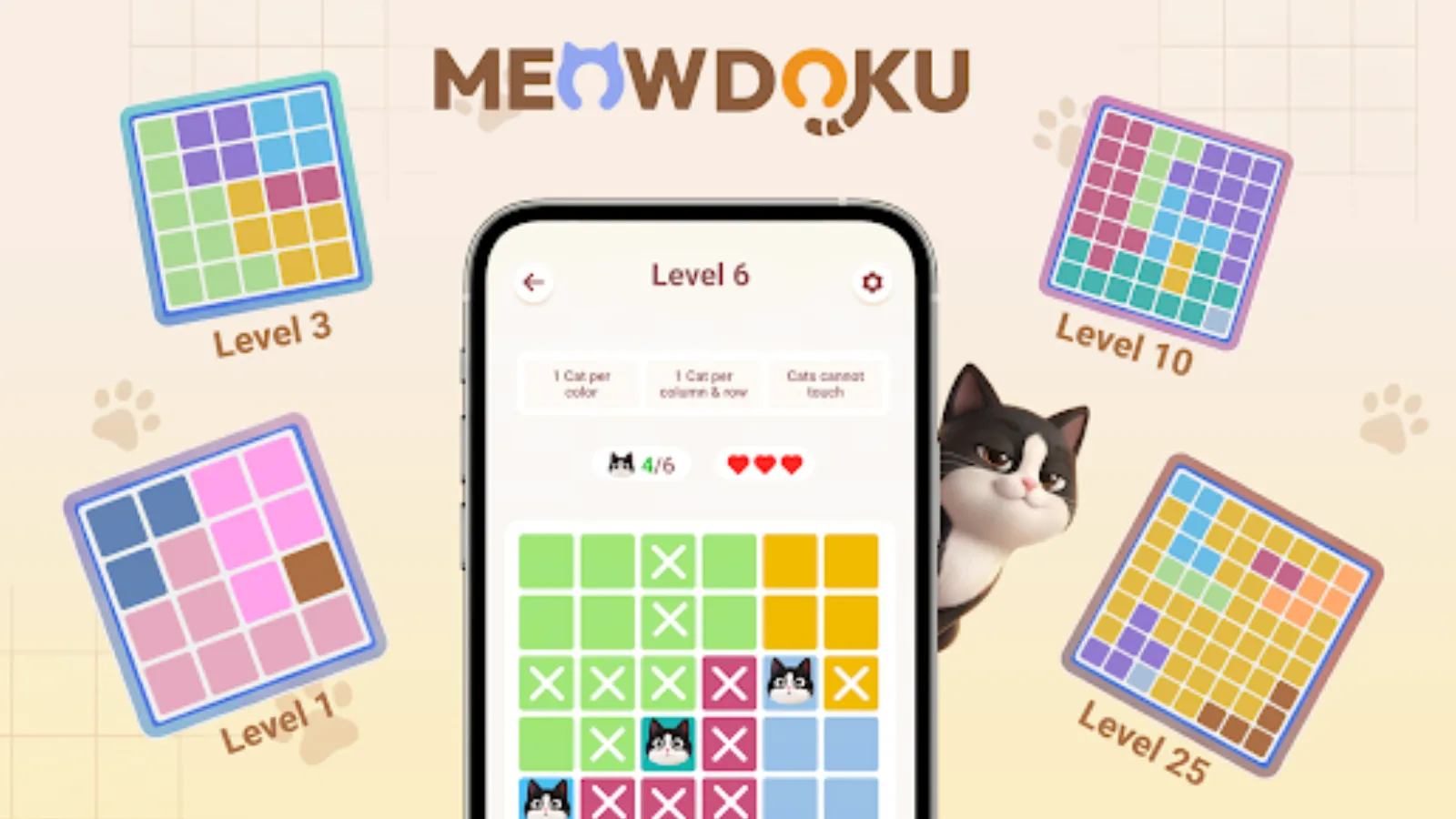 Les jeux mobiles les plus téléchargés sur Android et iOS 12 Interface du jeu Meowdoku sur un smartphone entouré d'exemples de niveaux de casse-tête avec des chats.