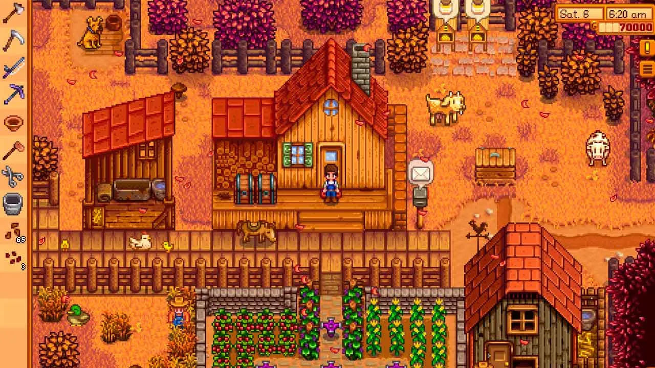 Les jeux mobiles les plus téléchargés sur Android et iOS 14 Interface de jeu de Stardew Valley montrant une ferme avec des cultures, des animaux et une cabane en bois en style pixel art.
