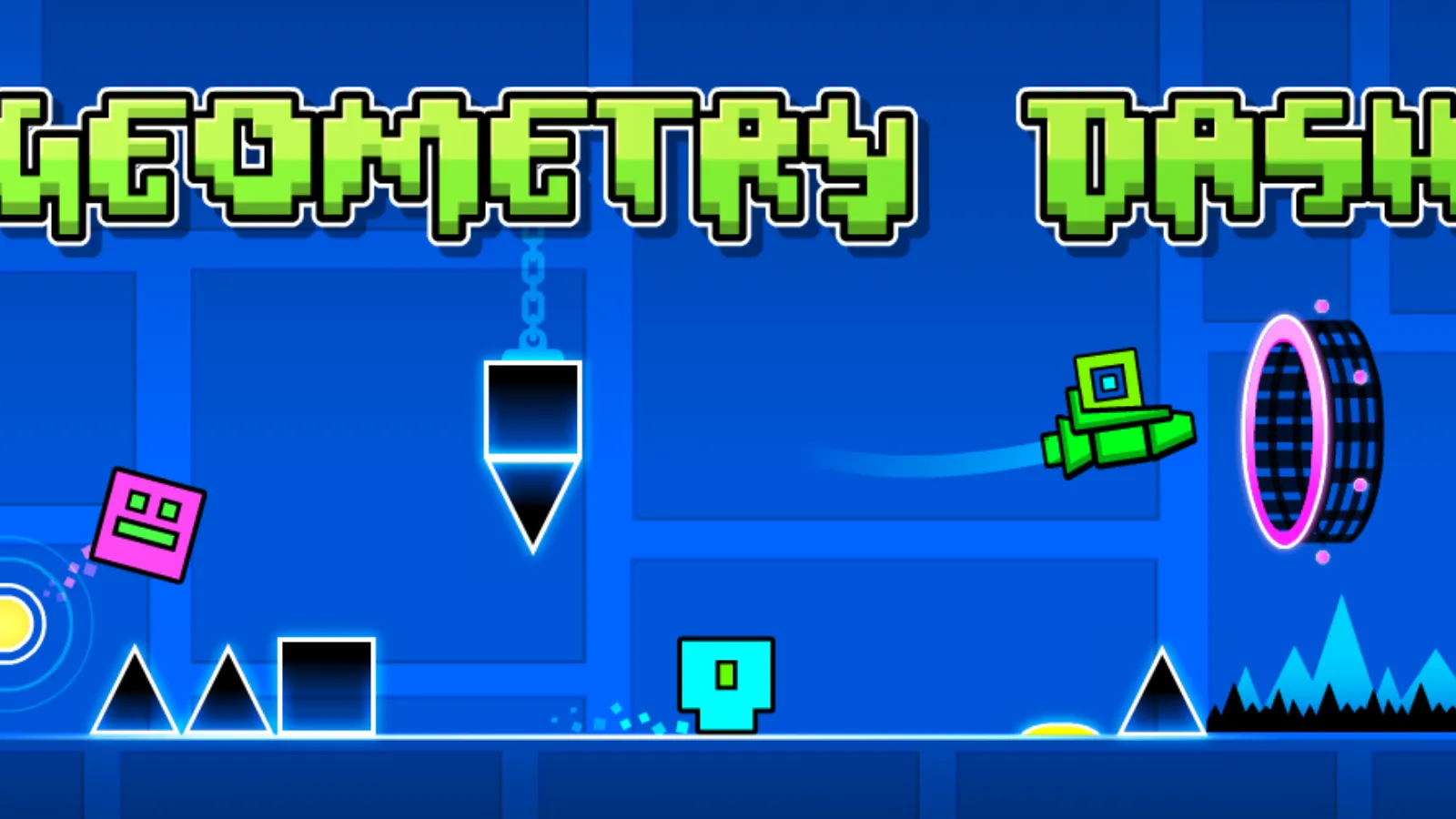 Les jeux mobiles les plus téléchargés sur Android et iOS 16 Interface de Geometry Dash avec des personnages géométriques franchissant des obstacles dans un environnement bleu.