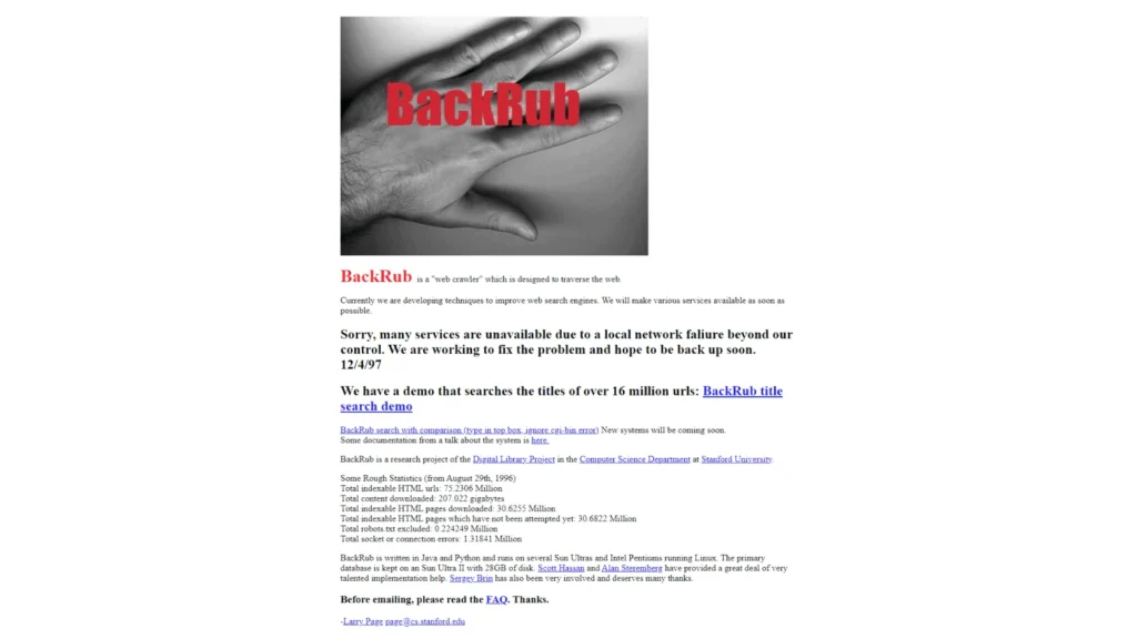Google fête 28 ans : son nom d’origine était BackRub avant de conquérir le web 3 Image du premier nom de Google, qui s'appelait BackRub