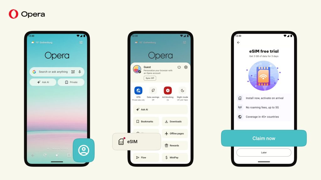 Opera intègre l'eSIM sur Android et offre 3 Go de données gratuites