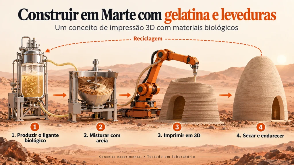 Au lieu de briques et de béton, des astronautes pourraient bâtir sur Mars avec de la gélatine 3 Illustration d'un robot construisant en 3D sur le sol de Mars