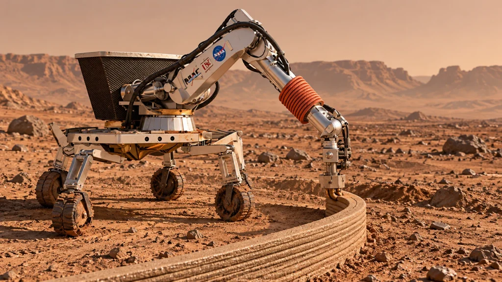 Au lieu de briques et de béton, des astronautes pourraient bâtir sur Mars avec de la gélatine 5 Illustration d'un robot construisant en 3D sur le sol de Mars