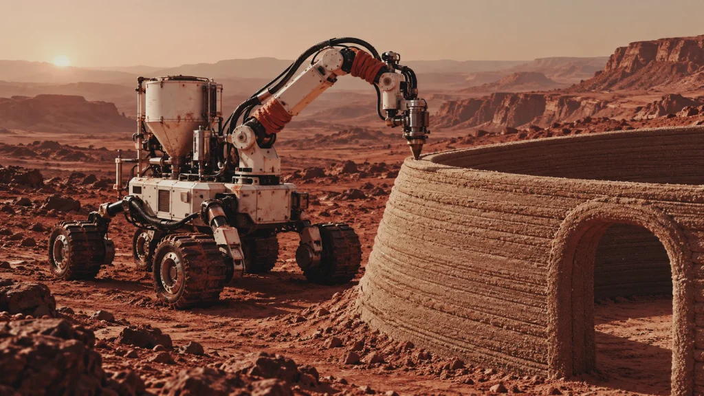 Au lieu de briques et de béton, des astronautes pourraient bâtir sur Mars avec de la gélatine 2 Illustration d'un robot construisant en 3D sur le sol de Mars