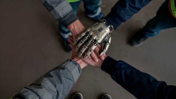 Et si votre patron était une intelligence artificielle 2 Des mains empilées, illustrant le travail d'équipe. Une des mains est robotique.