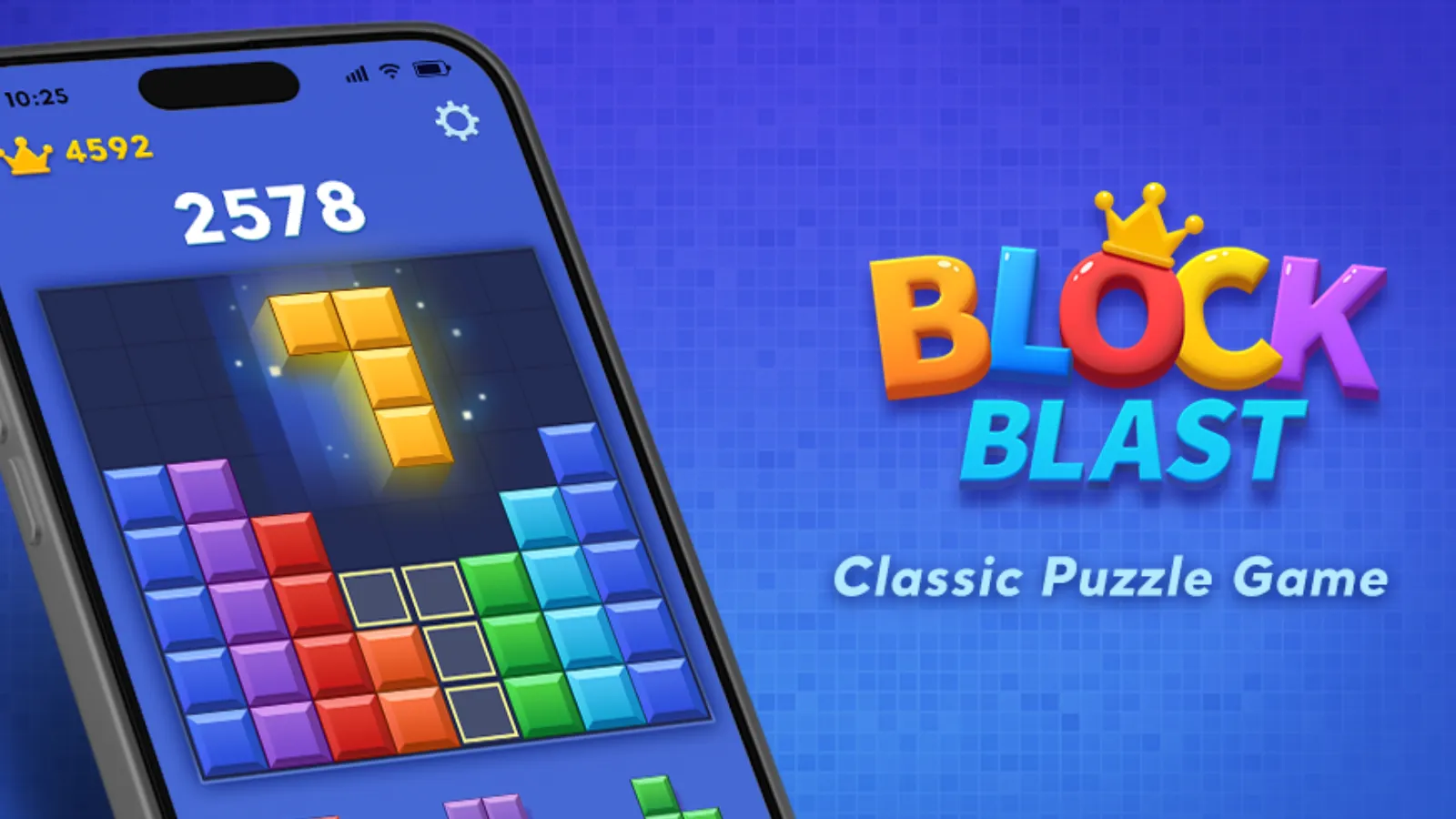 Les jeux mobiles les plus téléchargés sur Android et iOS 2 Interface du jeu Block Blast sur l'écran d'un téléphone mobile avec des pièces colorées sur un plateau.