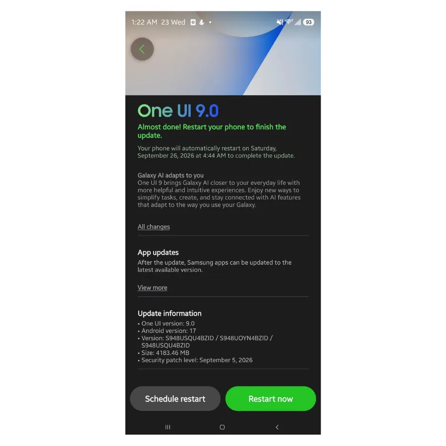Surprise la version stable d'One UI 9 commence à arriver sur les premiers mobiles Samsung 2 Interface de mise à jour logicielle One UI 9.0 sur un appareil Samsung Galaxy, affichant les détails d'Android 17 et les options de redémarrage.