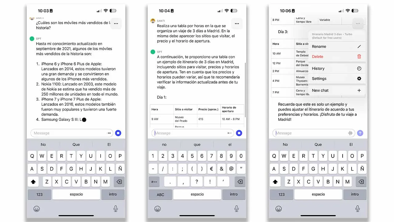 Interface de l'application mobile ChatGPT sur un iPhone affichant différentes questions et réponses en français.