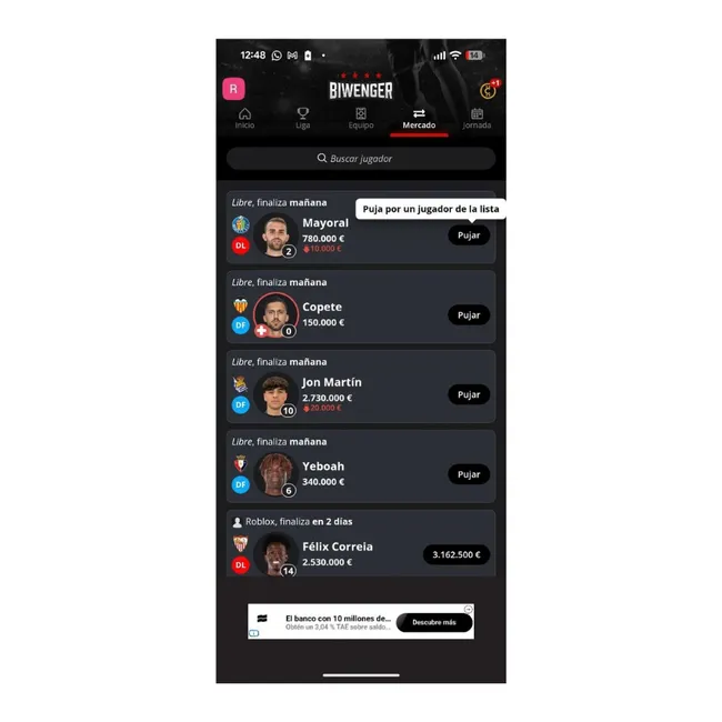 Meilleurs jeux de football fantasy : rivalisez avec vos amis en tant que manager sportif 3 Section du marché des transferts dans l'application mobile Biwenger avec une liste de joueurs disponibles pour les enchères.