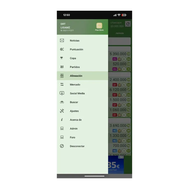 Meilleurs jeux de football fantasy : rivalisez avec vos amis en tant que manager sportif 4 Menu latéral déroulant de l'application mobile Comunio avec des options de navigation comme actualités, alignement et marché.