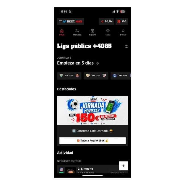 Meilleurs jeux de football fantasy : rivalisez avec vos amis en tant que manager sportif 10 Écran d'accueil d'une ligue publique dans l'application mobile de LaLiga Fantasy Marca avec des informations sur la prochaine journée et des concours mis en avant.