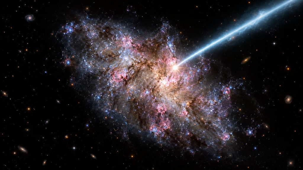 Des astronomes captent un signal radio vieux de plus de 10 milliards d'années 3 Représentation artistique d'une explosion rapide de radio traversant l'espace