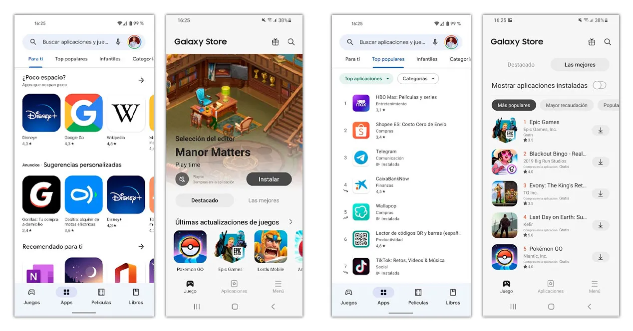 Votre téléphone peut nécessiter une mise à jour même si Android indique qu'il est à jour 4 Comparaison des interfaces du Google Play Store et du Samsung Galaxy Store sur des écrans de mobiles.