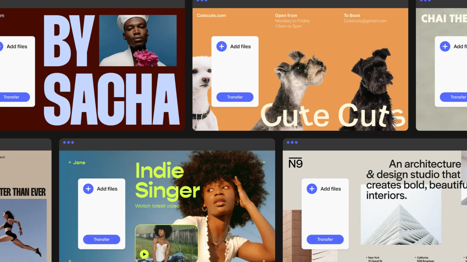 WeTransfer est la meilleure application pour partager des fichiers de plusieurs gigaoctets 3 Mosaïque de différents fonds d'écran personnalisés dans l'interface de WeTransfer avec le bouton pour ajouter des fichiers.