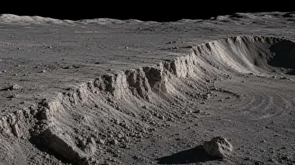 La Lune rétrécit : plus de 10 000 failles révèlent des bouleversements sur notre satellite 4 Détail de la surface lunaire montrant des failles de compression