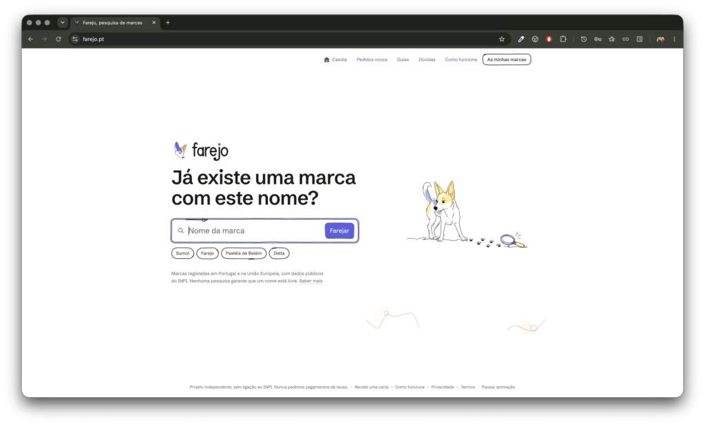 Farejo la révolte contre la bureaucratie devenue outil gratuit de recherche de marques 3 Page d'accueil de farejo.pt avec un champ de recherche