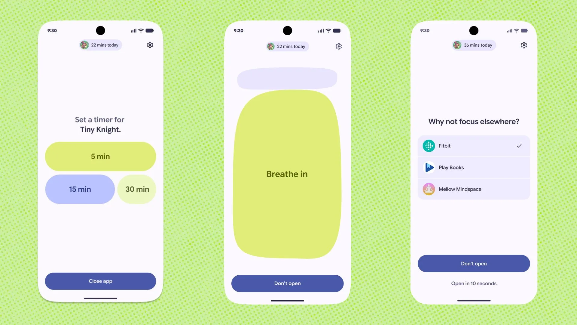 Google étend la fonction de limitation des réseaux comme Instagram et TikTok sur Android 17 2 Trois écrans de l'interface Pause Point sur Android 17 présentant des options de minuteur, des exercices de respiration et des suggestions pour changer de tâche.