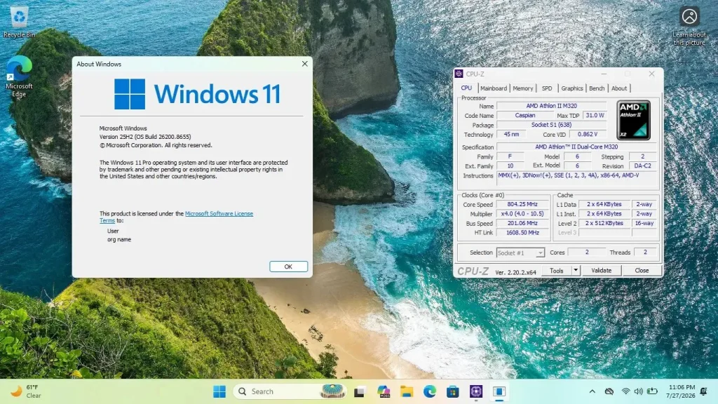 Un ancien PC revit avec Windows 11 26H2, même après 20 ans 3 Windows 11 sur un vieux processeur