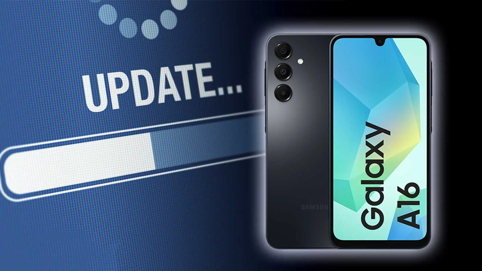 Votre téléphone peut nécessiter une mise à jour même si Android indique qu'il est à jour 2 Illustration d'un téléphone Samsung Galaxy A16 avec une barre de progression de mise à jour et le texte MISE À JOUR.