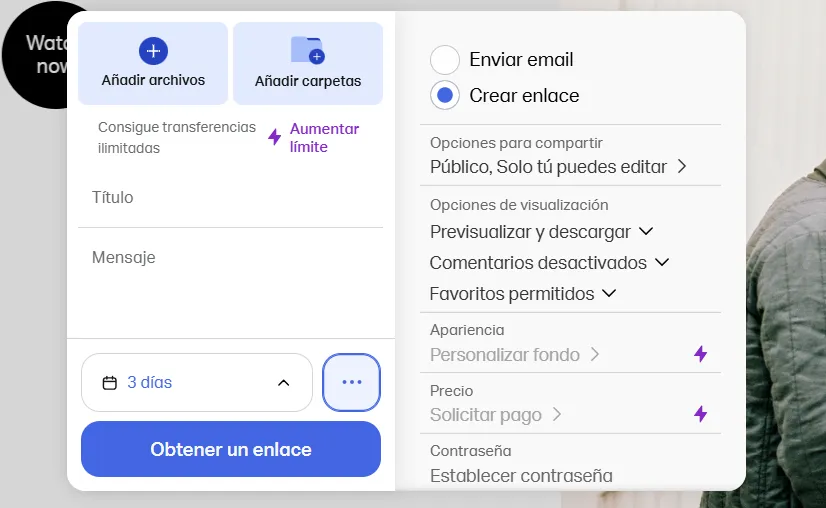 WeTransfer est la meilleure application pour partager des fichiers de plusieurs gigaoctets 2 Interface de WeTransfer avec les options pour ajouter des fichiers, des dossiers et configurer l'envoi par lien.